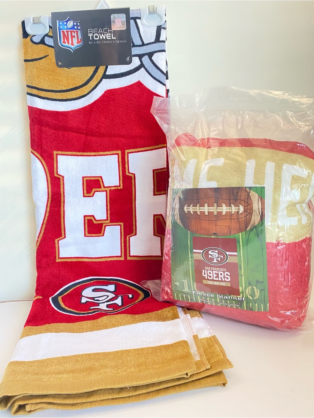 NFL San Francisco 49ers Red and Gold Beach Towel & Fleece Blanket Set & Pillow